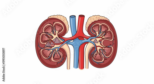 Anatomical illustration of human kidneys, arteries, and veins
