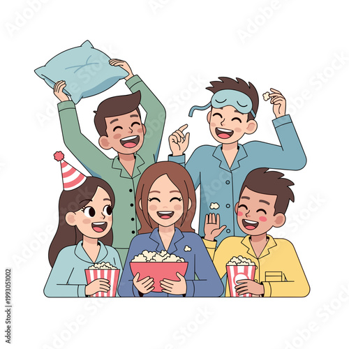Teens enjoying pajama party with popcorn and laughter  