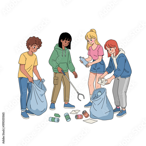 Group of teens picking up litter while cleaning up the environment  