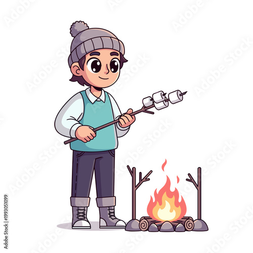 Young adult roasting marshmallows over campfire in winter setting  
