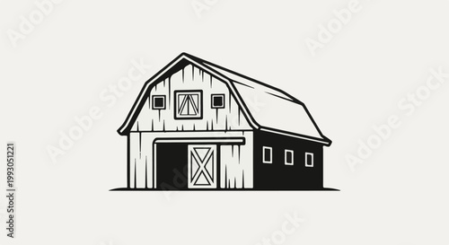 Black and white line drawing of a barn with a gambrel roof and large sliding doors