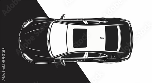 Black and white overhead sketch of a sleek modern sedan with a sunroof