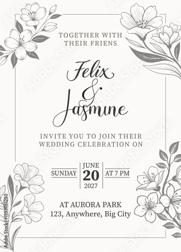 Minimalist Save the Date Wedding Invitation with Hand Drawn Floral Line Art