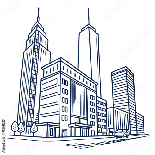 Urban city skyline illustration with tall skyscrapers and street view line art building skyscraper architecture metropolis downtown exterior structure construction cityview landscape