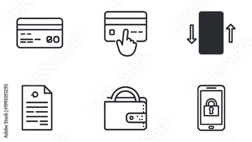 Modern Payment and Security Icon Set: An array of contemporary icons portrays essential elements of modern financial transactions, emphasizing security and ease of use.