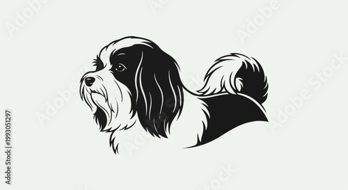 Black and white silhouette of a dog's head with flowing fur and a curled tail