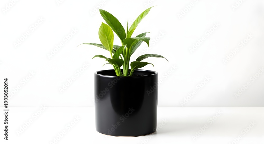 Obraz premium 黒い陶器の鉢に植えられた観葉植物、白い背景に置かれたシンプルで洗練された室内装飾の植物 plant black ceramic indoor