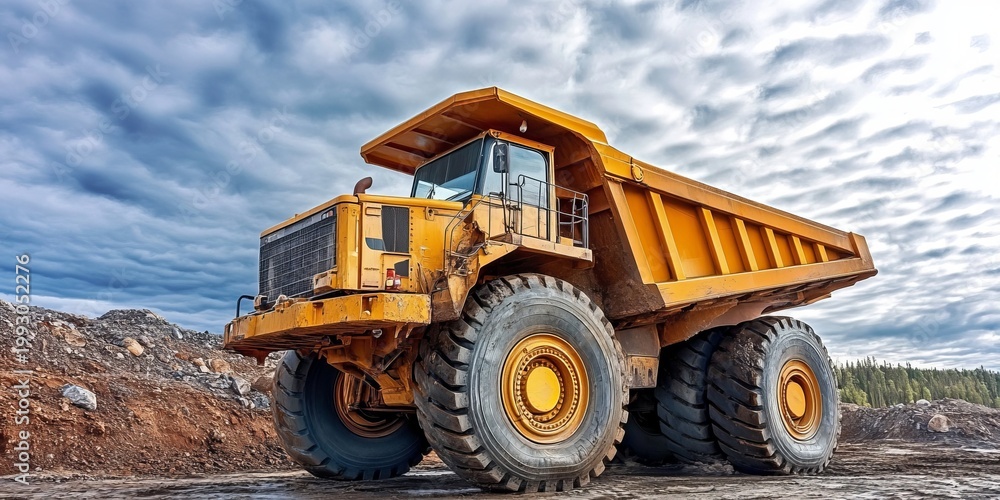 Fototapeta premium Heavy yellow dump truck operating in a construction site quarry mine landscape under blue sky