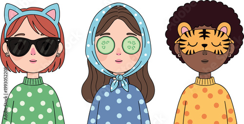 Cute diverse girls relaxing at spa day sleepover vector collection wearing colorful dotted pajamas and sleep masks