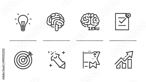 Brainstorming & Growth Icons: A collection of minimalist line icons representing concepts such as ideas, innovation, goals, and progress.
