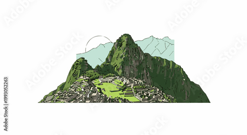 Ancient stone structures nestled within lush green mountains, under a hazy sun