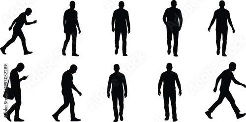 Silhouette set of man walking, standing, and moving in various poses like side view, front view, and using phone for city lifestyle concept