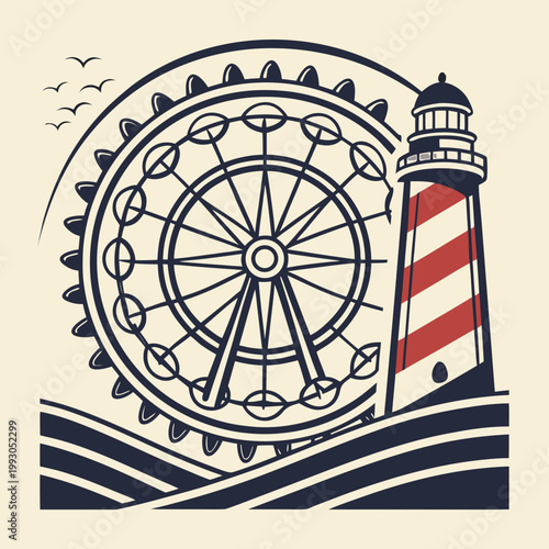Lighthouse and ferris wheel standing on ocean waves with birds flying above in a vintage style illustration lighthouse landmark attraction illustration vacation destination amusement carnival
