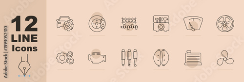 Car service and automotive parts line icons set with repair service, brake disc, engine system, gearbox, speedometer, wheel rim, gears, engine block, shock absorbers, brake pads, radiator cooling fan