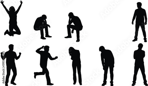 Silhouette set of people showing emotions like success, jumping for joy, sadness, frustration, disappointment, and victory for mental health concept