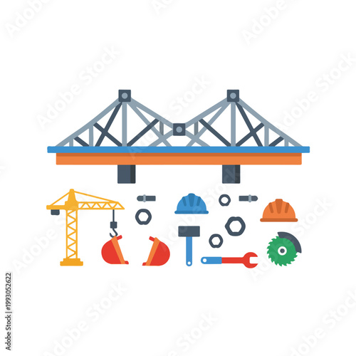 A flat vector illustration showcasing a truss bridge alongside various construction tools and equipment like a crane, hard hats, and a wrench.