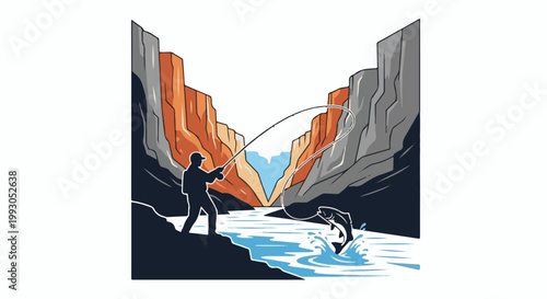 Angler casts line in canyon river as fish leaps from water