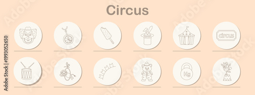 Circus set icon. Line symbols depict clown face, unicycle, ice cream, magician hat, circus tent, ticket sign, drum, juggling act, rainbow arc, teddy clown, kettlebell weight, performer on pedestal