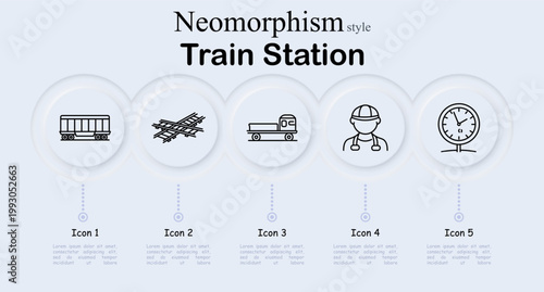 Train station concept icon set in neumorphism style. Line icons showing cargo train wagon, railway crossing tracks, rail platform trolley, railway worker engineer