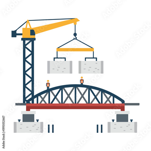A yellow tower crane lifts concrete blocks onto a blue steel arch bridge under construction, with workers standing on top of the structure.