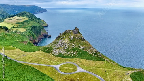 Canvastavla Aerial drone view of the turning cicle roundabout at Valley of Rocks near Lynton