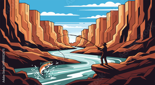 Angler casts line in canyon river as trout leaps from water