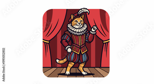 Animated cat in elaborate costume stands on stage with red curtains behind