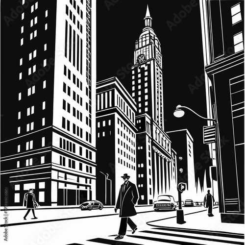 Black and white noir style illustration of a man in a trench coat crossing a city street surrounded by high rise skyscrapers and a clock tower building with skyscraper architecture crosswalk