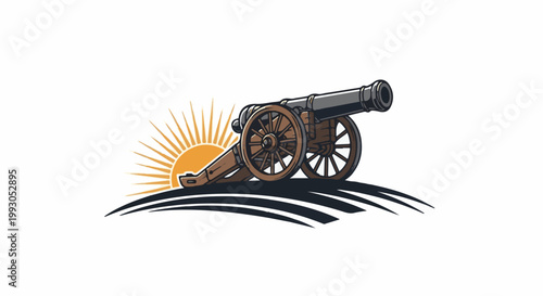 An antique cannon with wooden wheels stands before a radiant sunburst