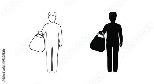 A minimalistic depiction showcases two figures one light and one dark each carrying a shopping bag high quality