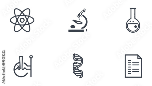 Fotografie Science Icons: A set of minimalistic black line science icons, representing atom, microscope, flask, experiment, dna, and report