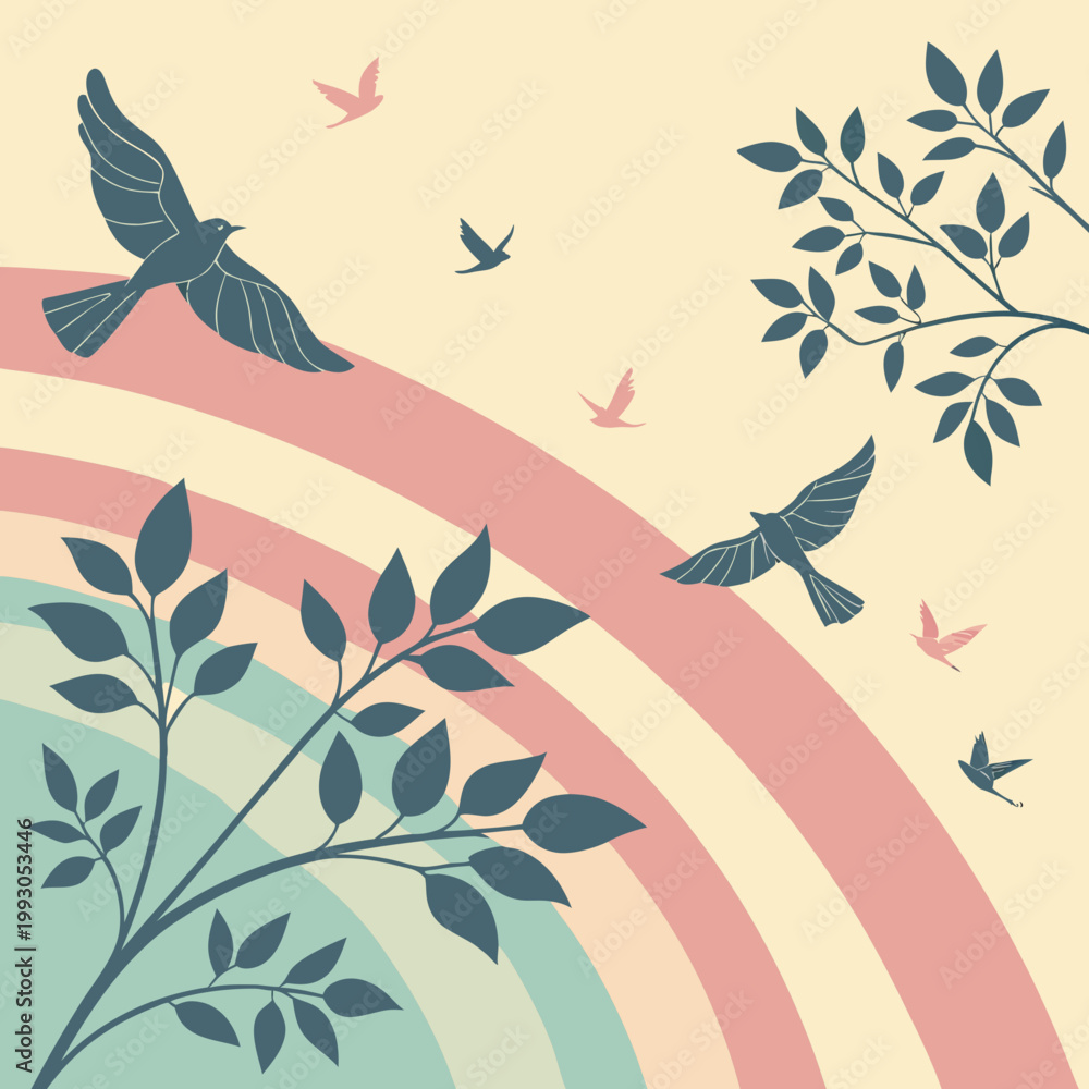 Naklejka premium Birds flying amidst stylized tree branches against a soft pastel rainbow striped background symbolizing nature freedom hope peace with light colors branches illustration silhouette tranquil