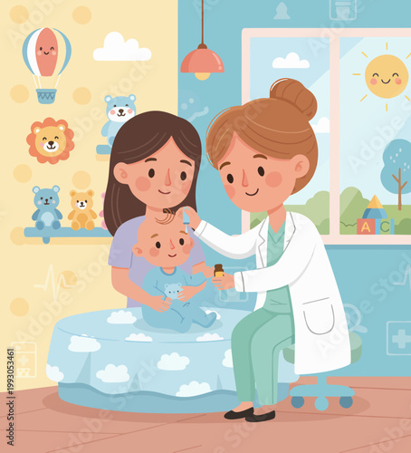 false illustration of a doctor providing services to a baby under 5 years old