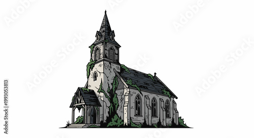 An old, abandoned stone church with a steepled tower overgrown with green vines
