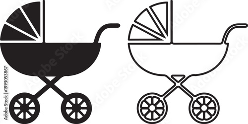 Baby Stroller and Carriage Icon Set in Silhouette and Outline