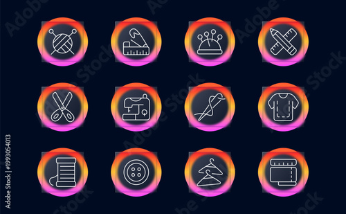 Tailoring sewing tools set icon. Linear clothing craft collection with yarn ball needles, measuring tape, pincushion, ruler pencil, scissors, sewing machine, needle thread, fabric shirt.