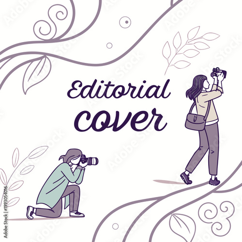 Creative editorial cover template with line art illustrations of photographers and organic floral vine patterns editorial photographer photography illustration aesthetic template creative