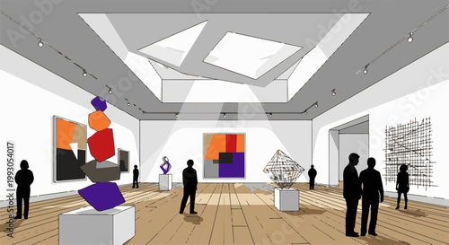 An art gallery exhibition with abstract sculptures and paintings