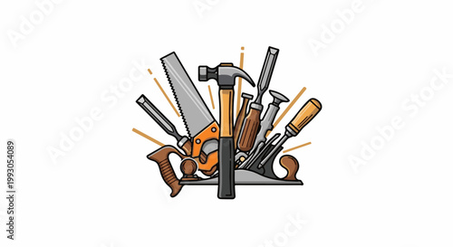 An artistic arrangement of various carpentry tools, featuring a hand saw, hammer, chisels, and a plane