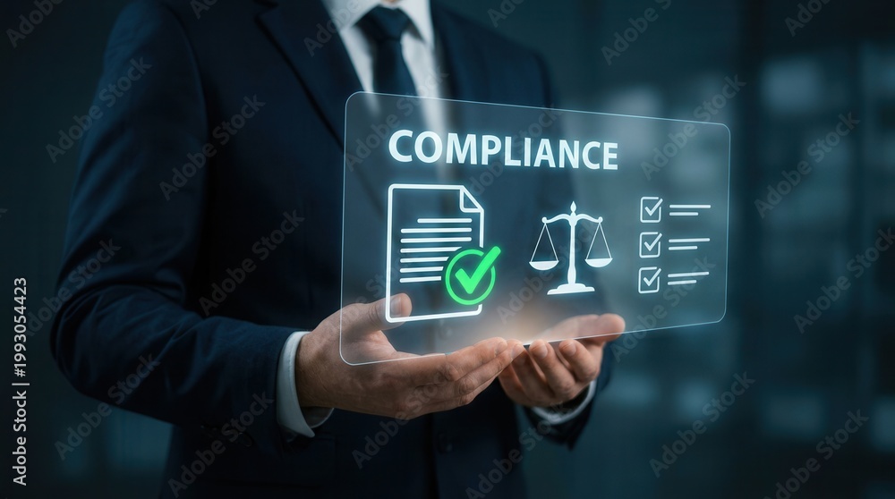 Obraz premium A business professional holding a digital compliance document with checkmarks and legal symbols.
