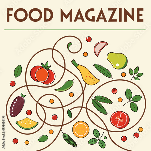 Artistic illustration of a assortment of fresh fruits and vegetables tomatoes eggplant pears bananas creatively arranged with swirling organic lines and titled 'food magazine' flat design food blog