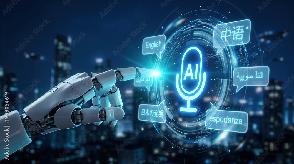 Fototapeta premium Robotic hand touching a virtual control interface with advanced AI technology and multilingual capabilities.