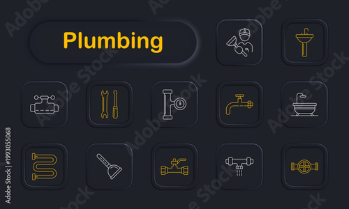 Plumbing service set icon. Dark style icons display plumber worker, sink basin, pipe valve, wrench tools, pressure gauge, water tap, bathtub, curved pipe, plunger, pipeline valve, shower mixer