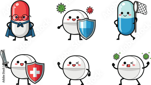 Cute Cartoon Medicine Pill Characters Fighting Virus with Shield and Sword for Healthcare, Pharmacy, and Medical Education Designs