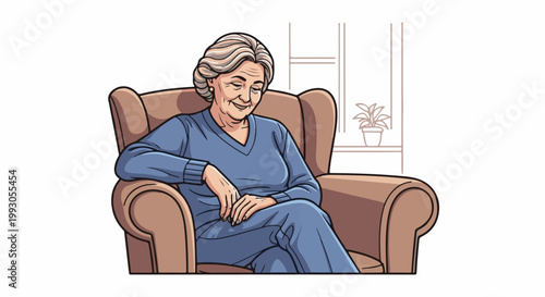 An elderly woman with gray hair sits comfortably in a plush armchair, looking down with a gentle smile