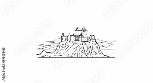 A castle complex stands atop a rocky hill surrounded by water and sky