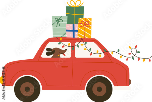 Red car carrying Christmas gift
