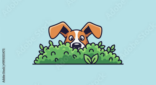 A cute cartoon dog peeks over a green bush against a blue background
