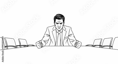 Angry businessman banging fists on table in empty boardroom