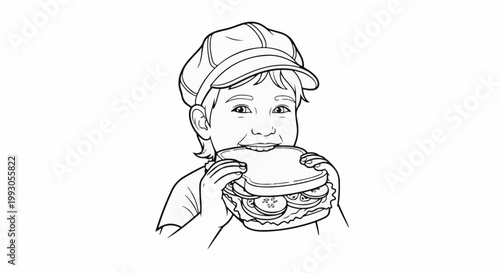 Child in cap eats a large sandwich with visible fillings, line art